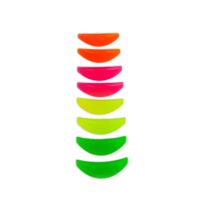 Élan Rainbow Lash Lamination Silicone Pads Set in assorted neon colors, arranged by size from smallest to largest for precise lash lifting