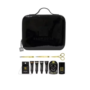 Brow Code Professional Brow Tint Kit with black carrying case, precision tools, five brow tint tubes, charcoal mapping thread, mixing dish, and cream oxidant