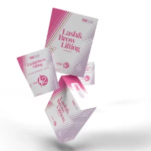Pink Flash Lash & Brow Lifting Flash Fix Step 2 Neutralizing Lotion with sachets and product box in white and pink design for professional lash lift treatments