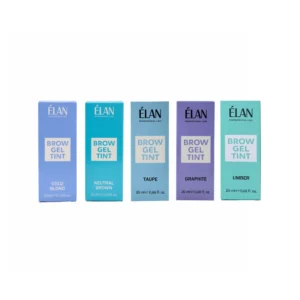 Élan Brow Gel Tint collection in Cold Blond, Neutral Brown, Taupe, Graphite, and Umber shades for professional eyebrow coloring