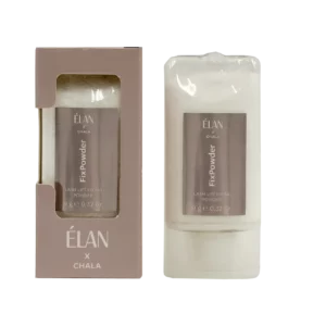 Élan x Chala FixPowder Lash Lift Fixing Powder, 9 g, shown in soft beige packaging with product visible through a transparent window