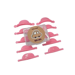 Set of pink Early Lash Lift Dumpling Rod Curl tools with a clear storage box labeled with a cartoon car, designed for creating defined lash curls during lifting treatments