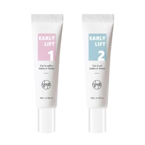 Early Lift Kit featuring Step 1 softening solution in a white 10ml tube with pink label and Step 2 setting solution in a white 10ml tube with blue label, designed for professional lash and brow lifting